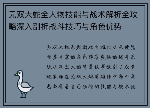 无双大蛇全人物技能与战术解析全攻略深入剖析战斗技巧与角色优势
